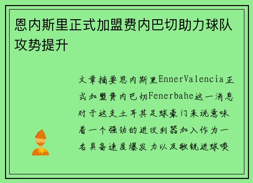 恩内斯里正式加盟费内巴切助力球队攻势提升 恩内斯里正式加盟费内巴切助力球队攻势提升